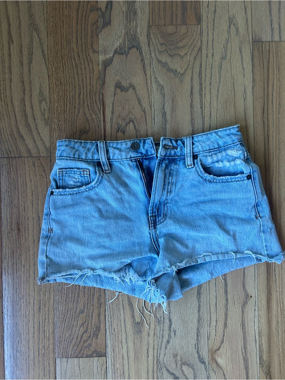Casual Light Blue Denim Cutoff Shorts with Frayed Hem